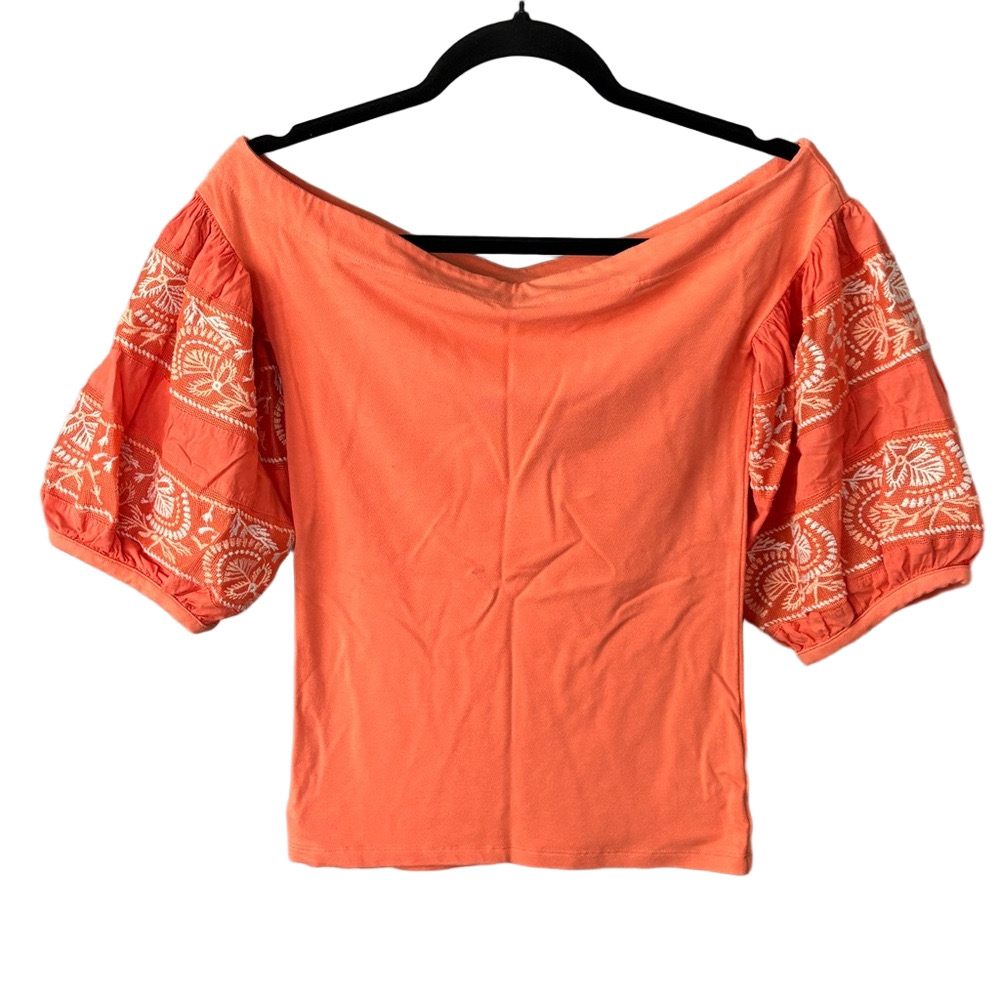 Free People Orange Stretch Blouse with Embroidered Puff Sleeves size XS